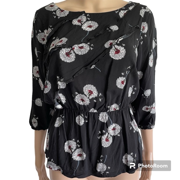 Anthropologie Deletta Black Wished Blooms Crewneck Open 3/4 Sleeve Blouse Top - Picture 5 of 9